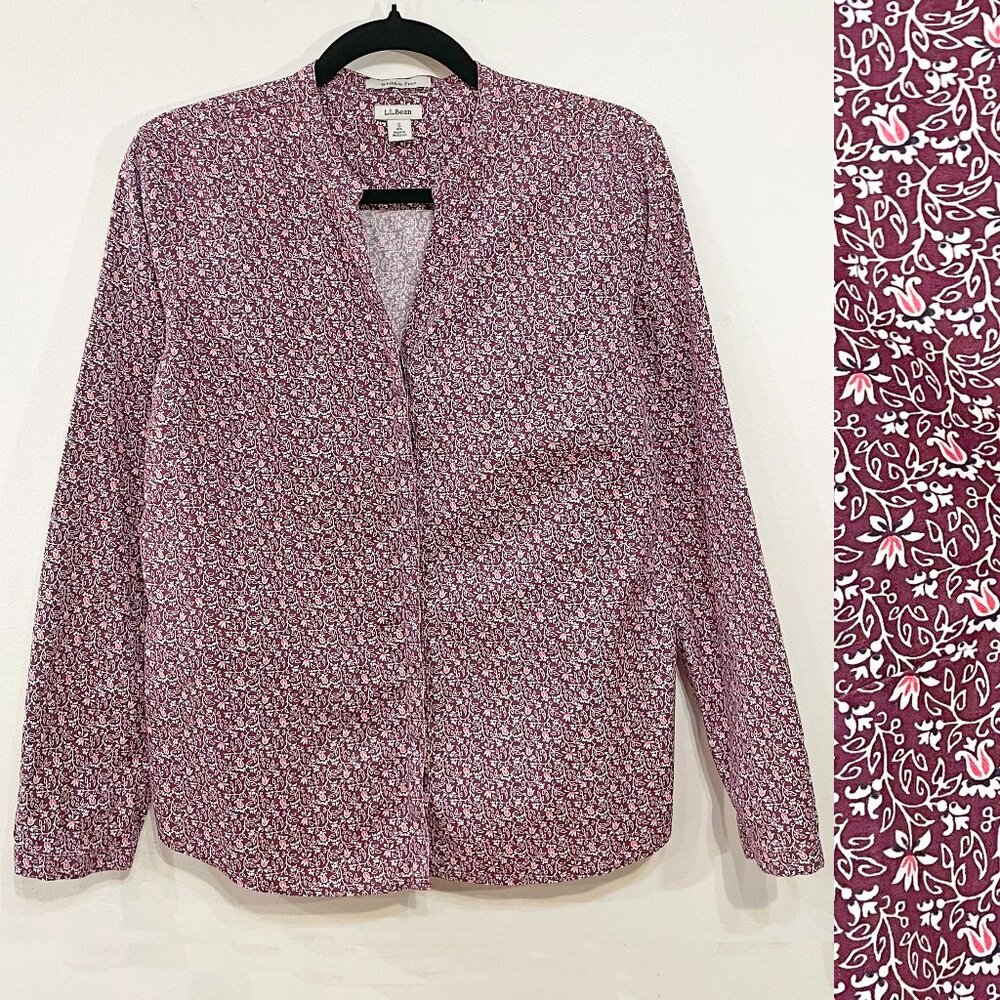 Like New LL Bean 100% Cotton Floral Blouse Plum Purple Small